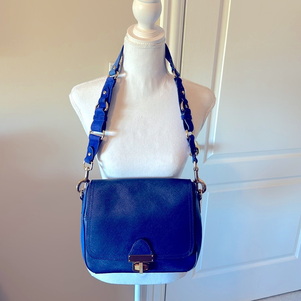 Royal blue vegan leather and suede shoulder bag